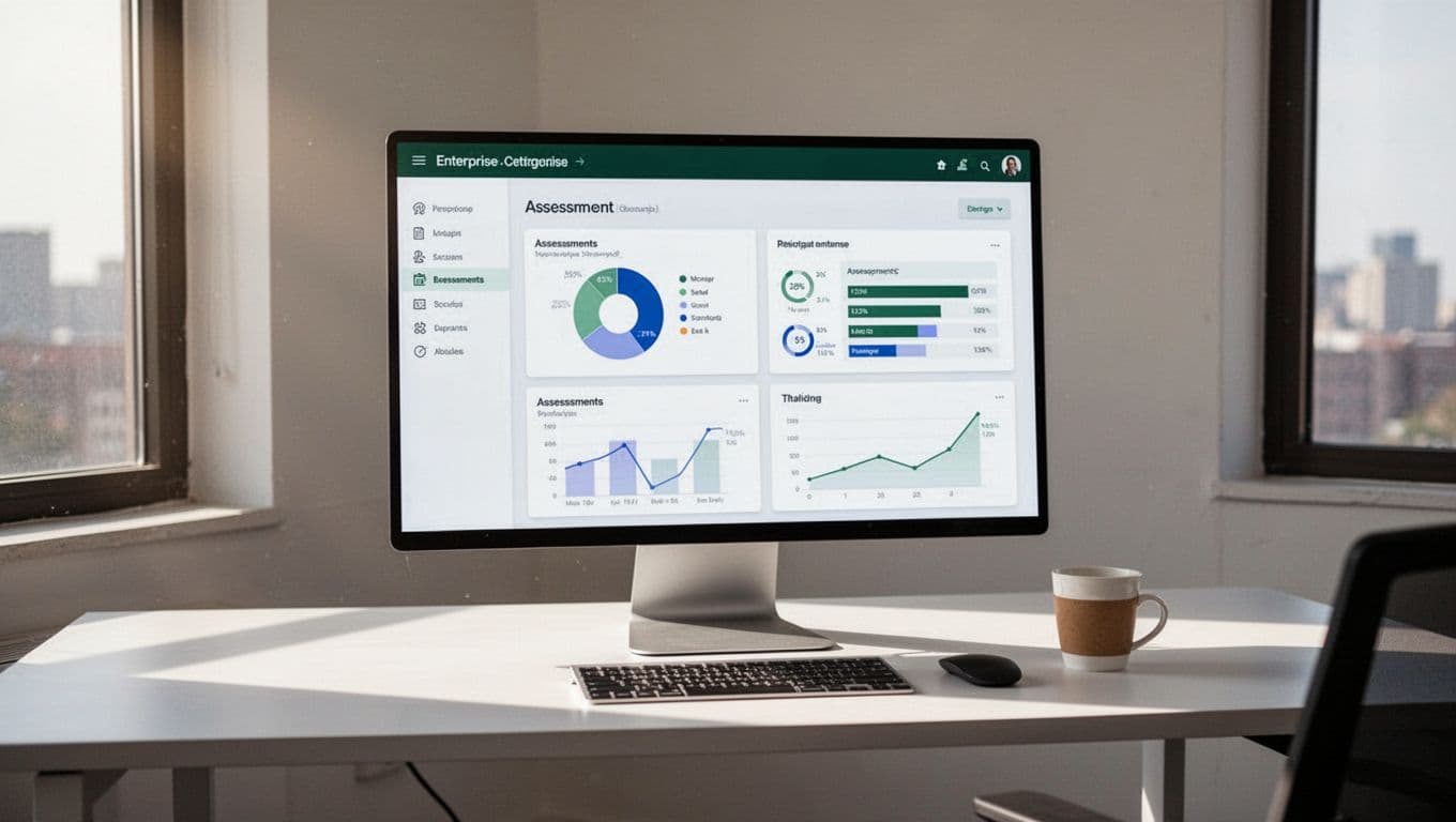 A dark green banner with Consulting Criteria above a desk showing enterprise assessment charts.