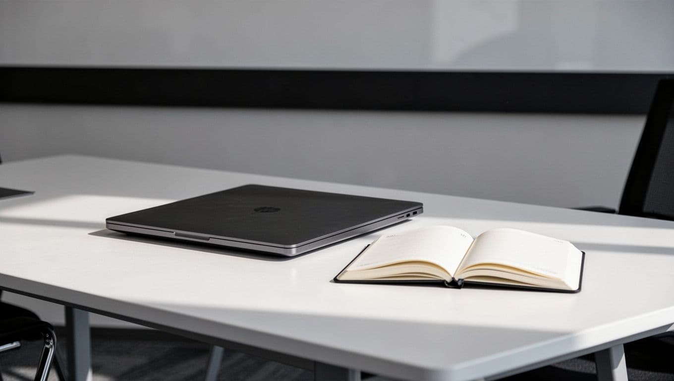 A modern meeting desk with a laptop and notebook under soft lighting and a strategy headline band.
