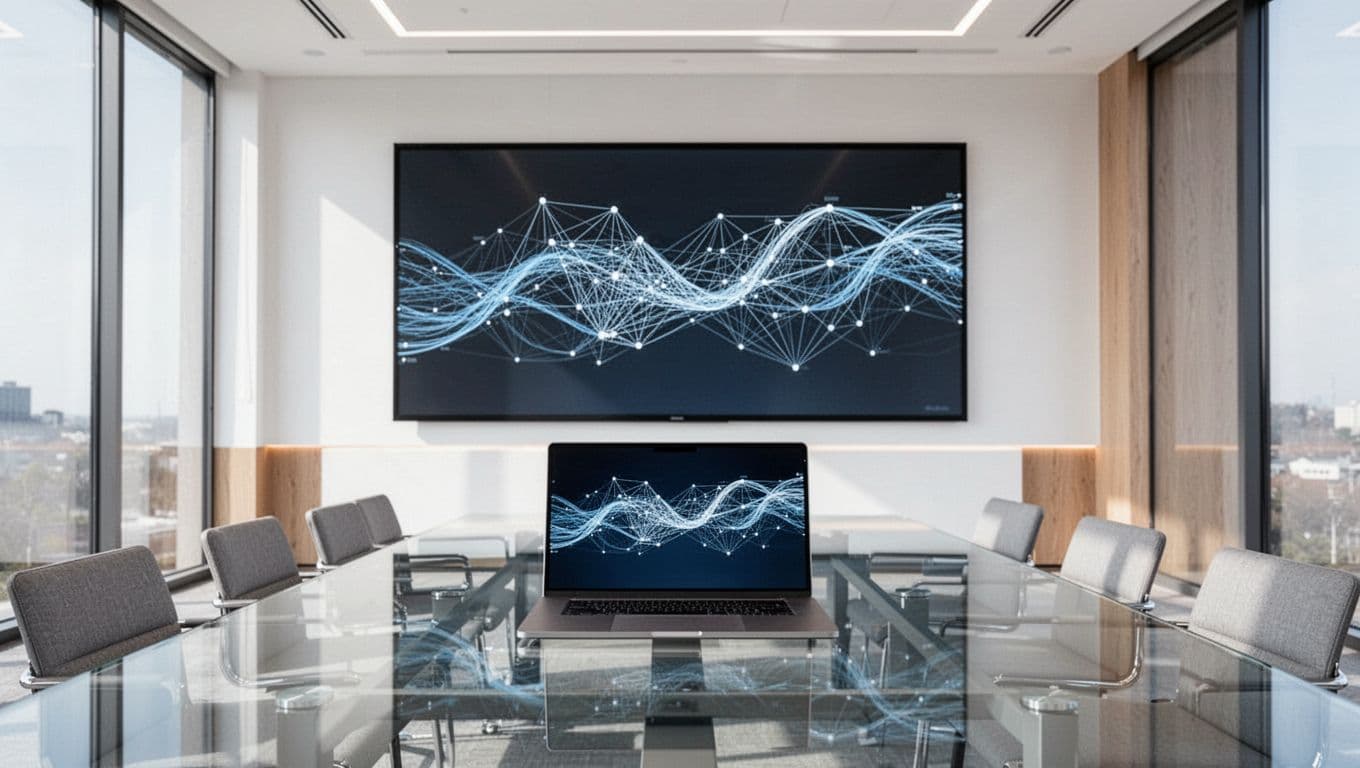 A minimalist corporate boardroom with a laptop and a large screen displaying network security diagrams.