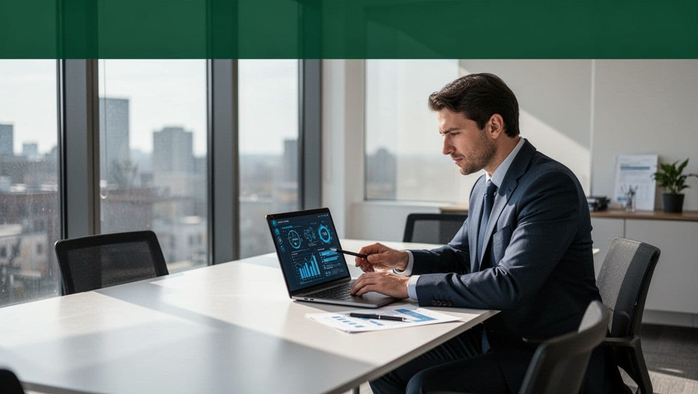 A professional analyzing corporate cybersecurity strategies on a laptop.