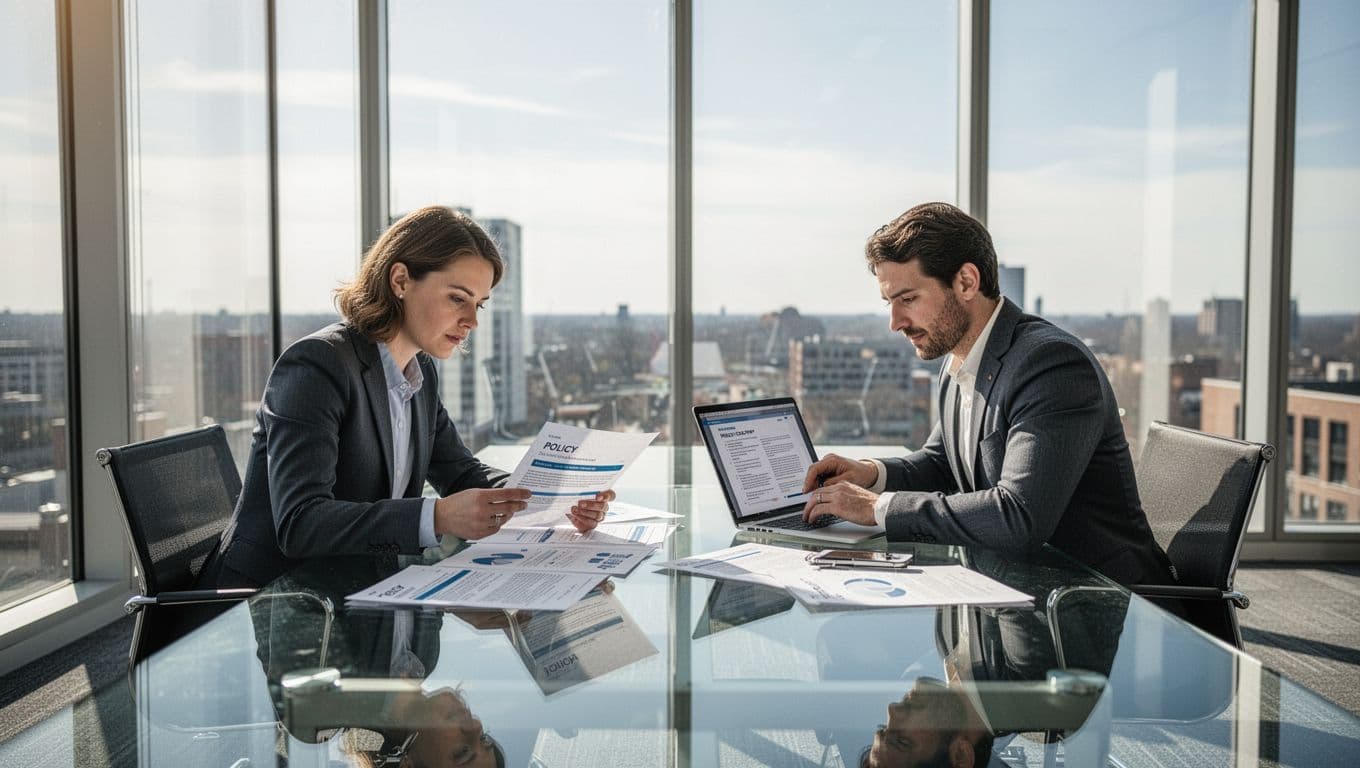 Two colleagues review security policies at a conference table.