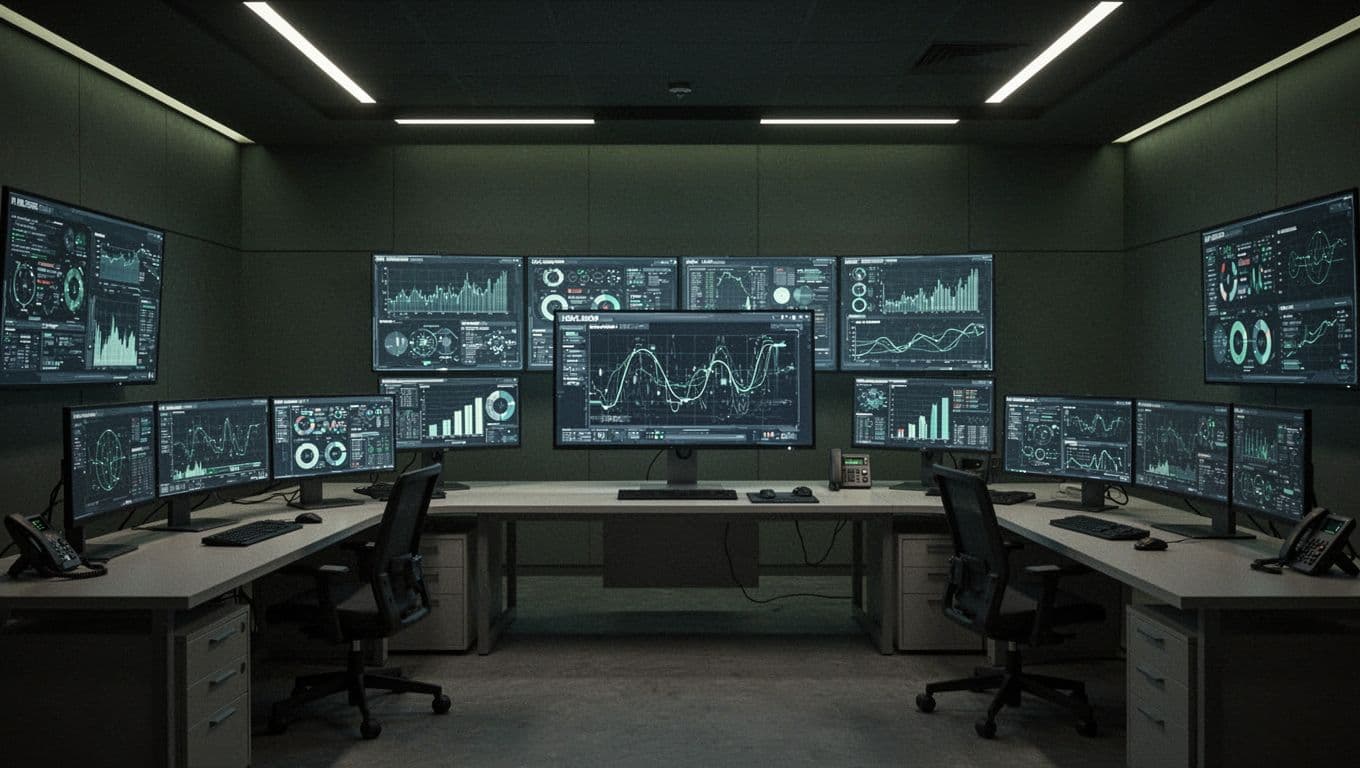 A security control room with a dark green header bar reading THREAT DEFENSE above a computer workstation.