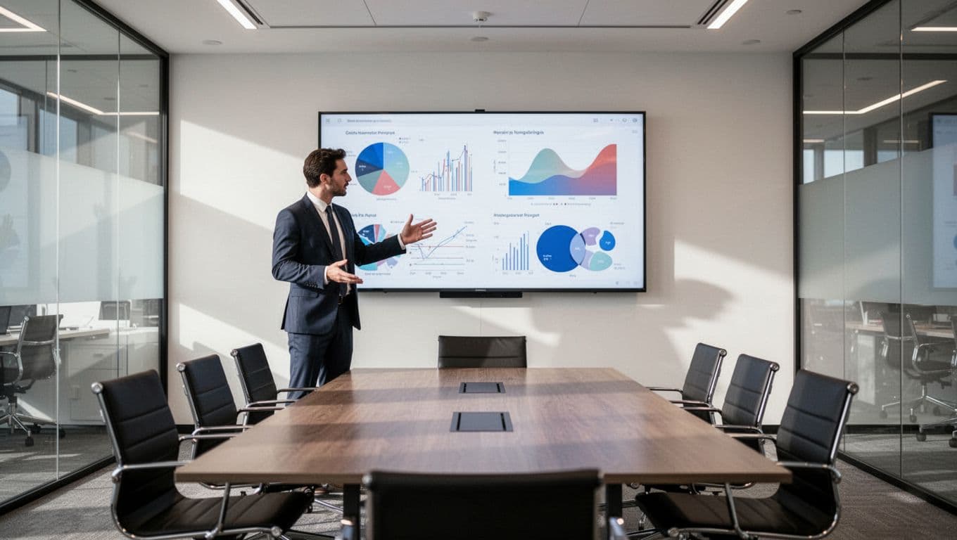 A professional presenting security strategy on a wall screen in a sleek boardroom.