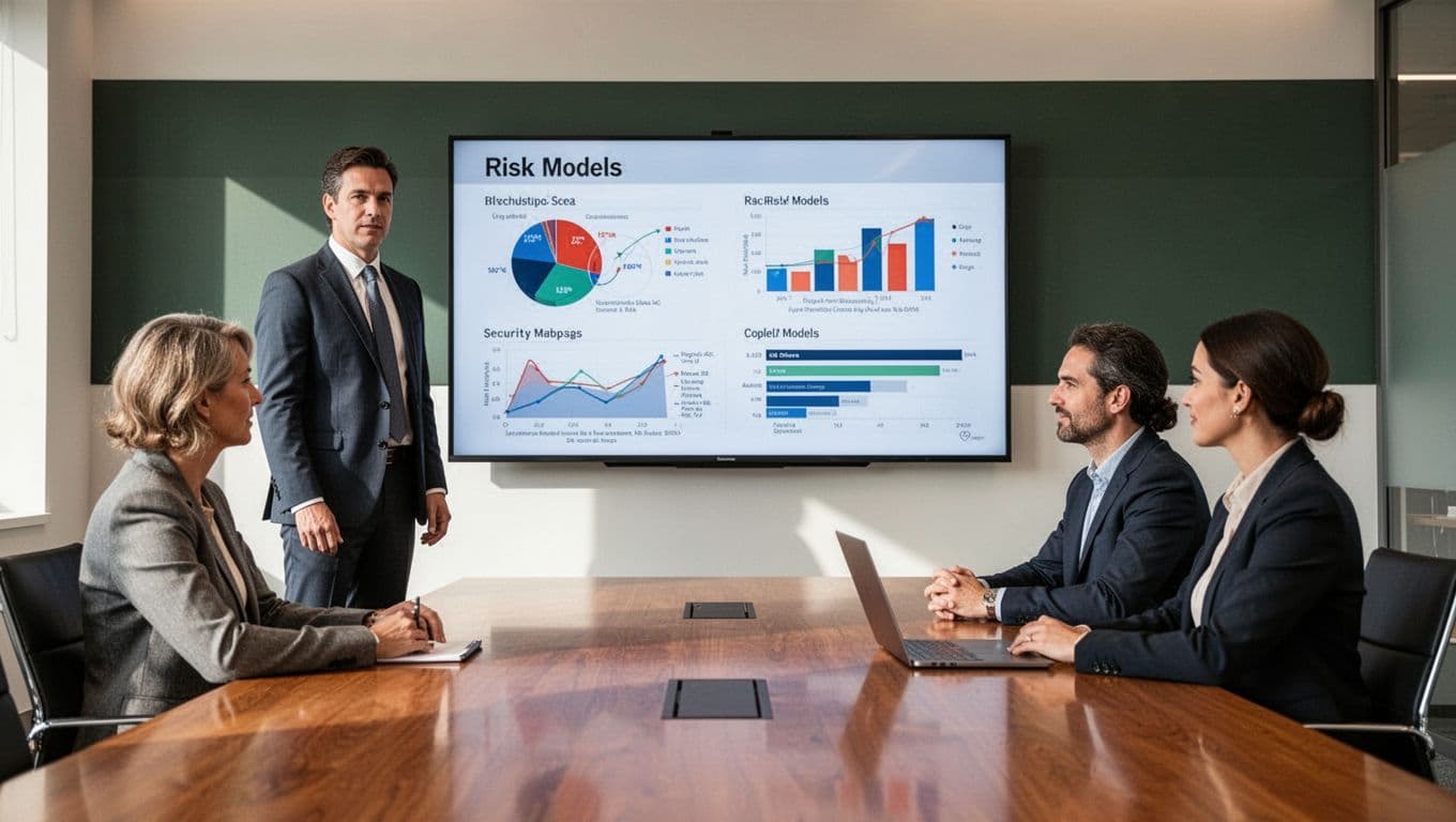A strategist presents risk models on a large screen to colleagues in a boardroom.