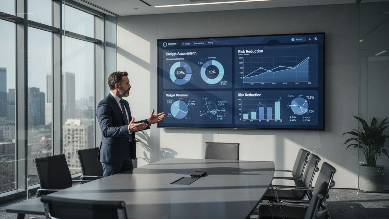 A corporate office setting with modern charts and analytics displayed on a screen.