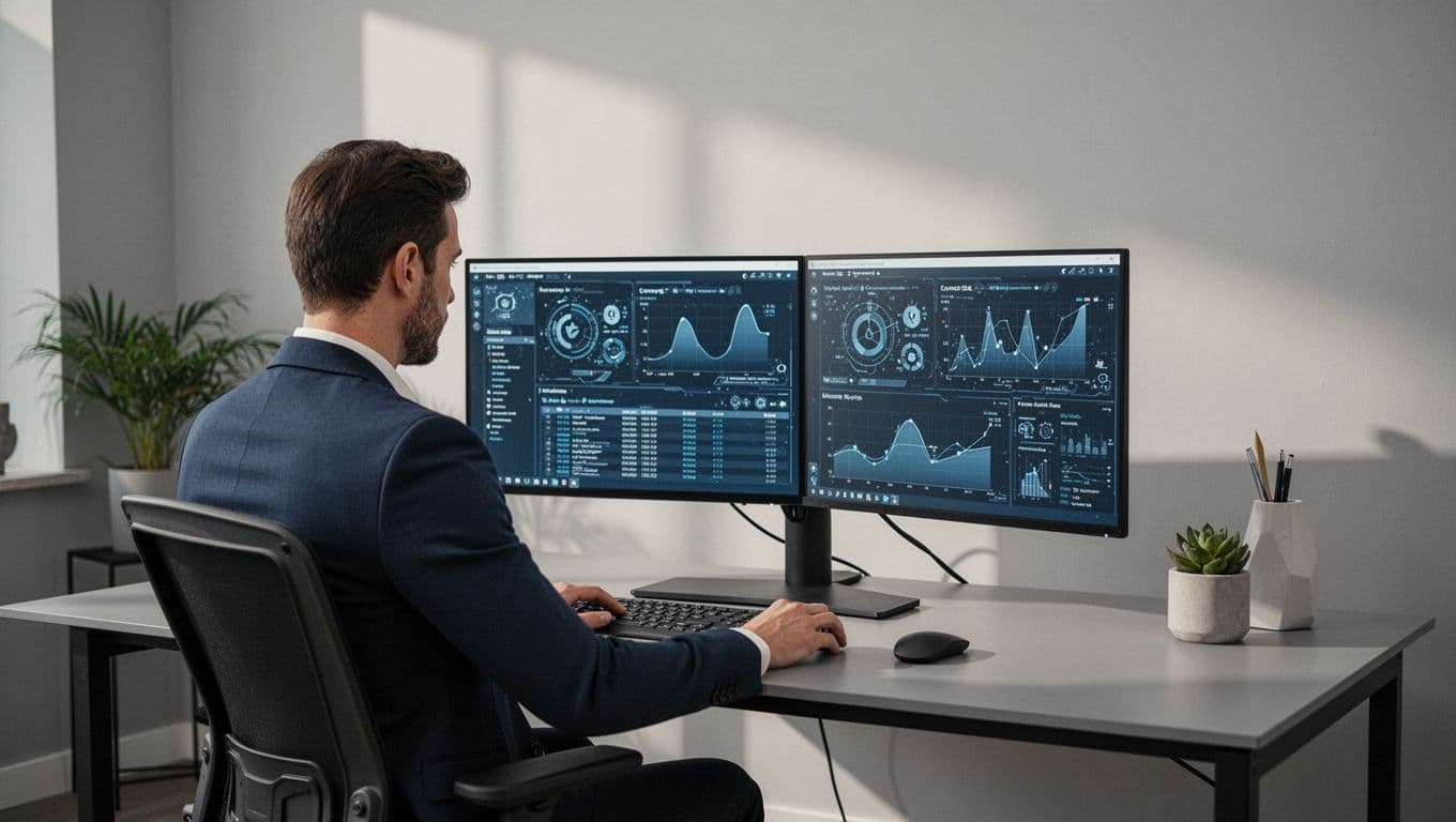 A security analyst reviewing data on two computer screens in a modern office.