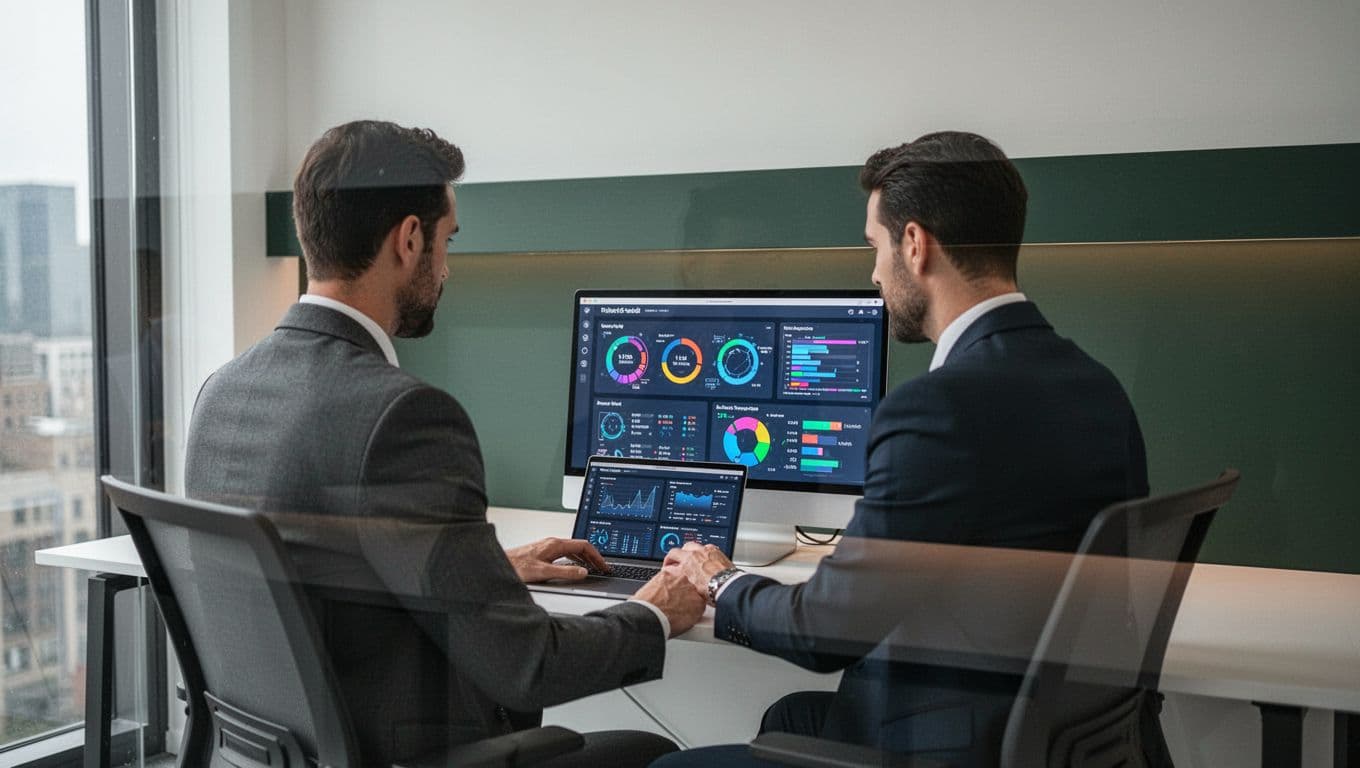 An analyst working at a laptop that displays security dashboards.