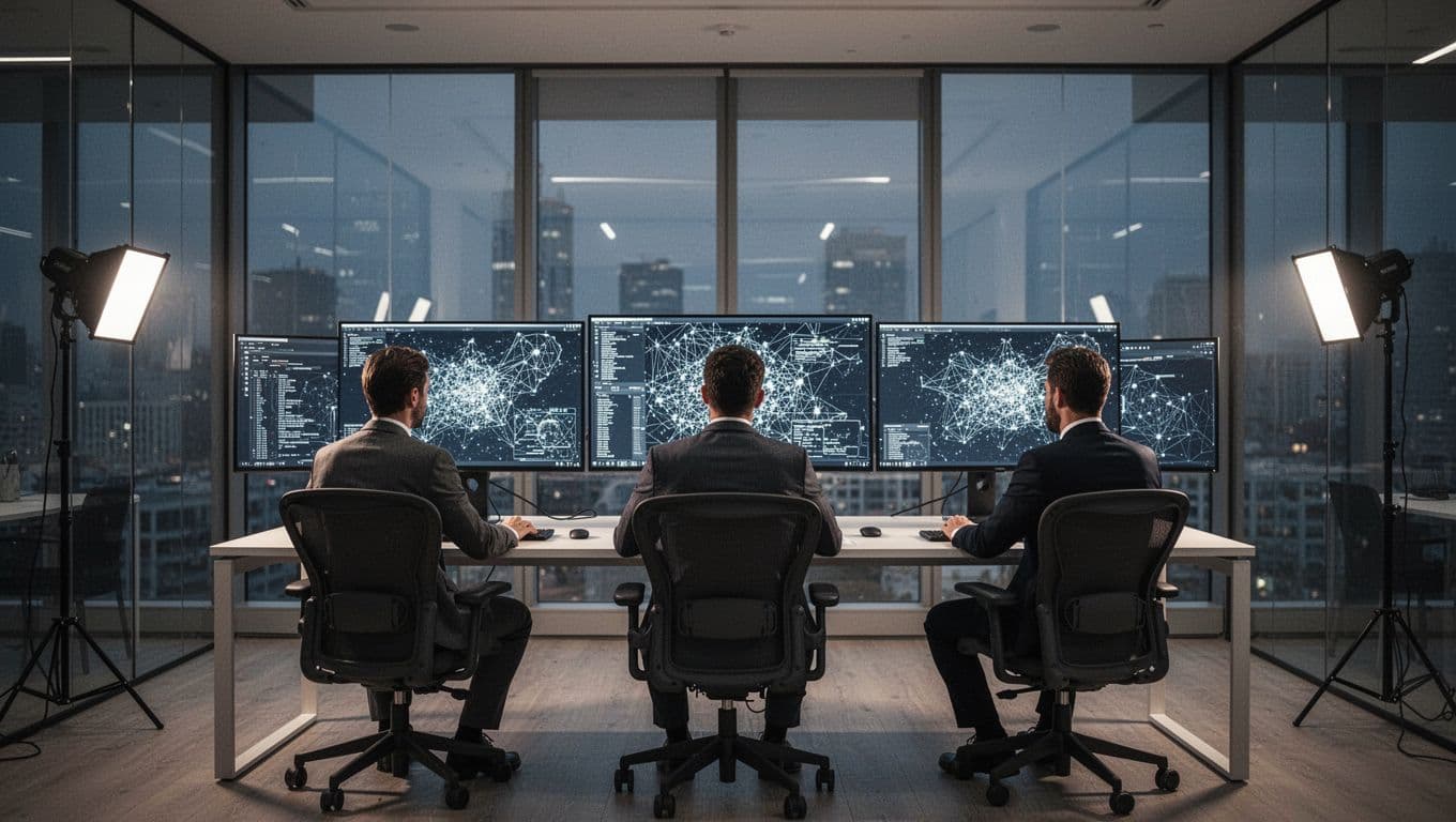Three security professionals reviewing threat data on multiple screens in an office.