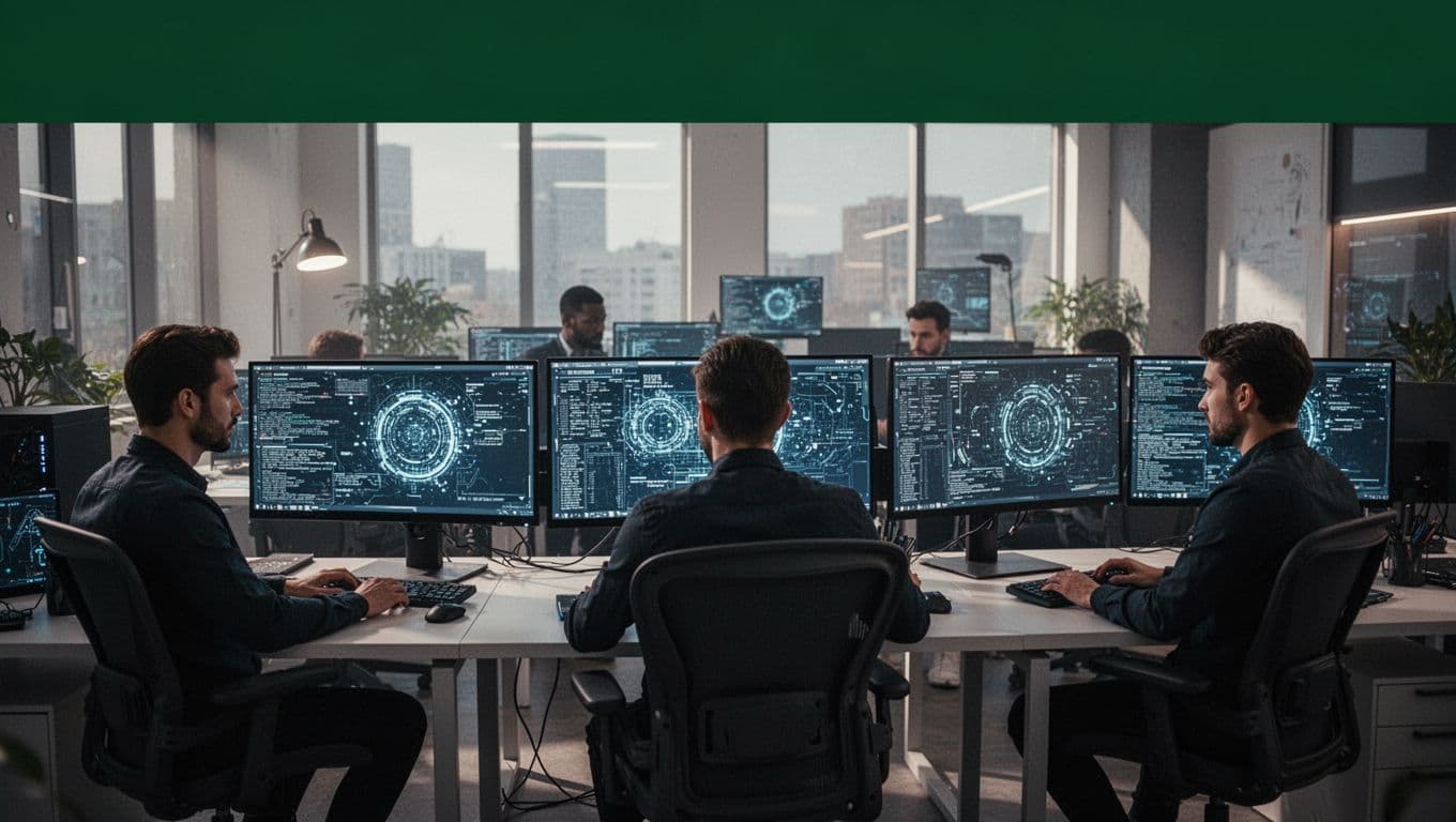 Cybersecurity experts reviewing threat data on screens beneath a dark green header band.