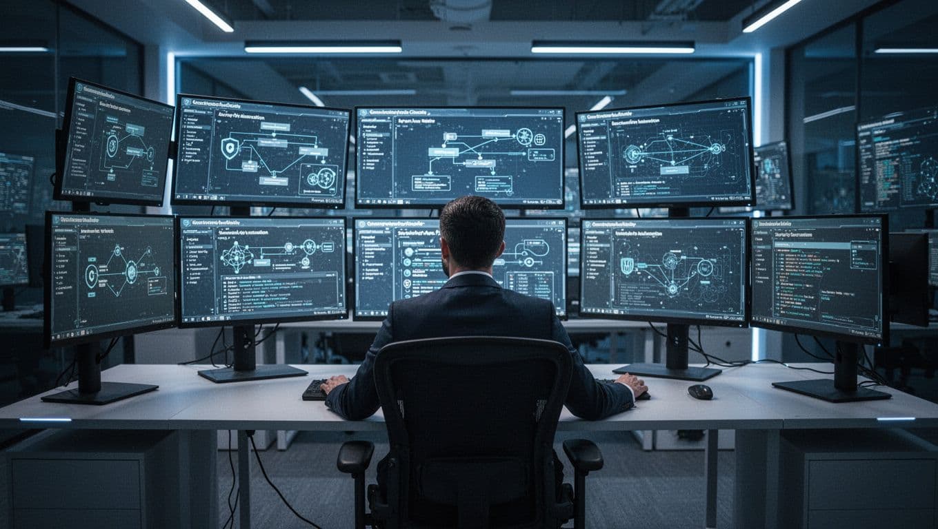 An engineer monitors security automation workflows across multiple screens in a modern operations center.