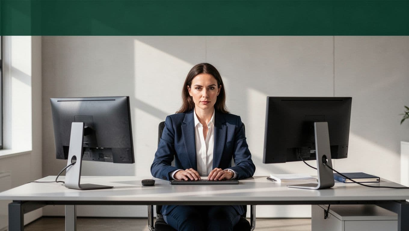 A professional recruiter working at a desk in a modern corporate office.