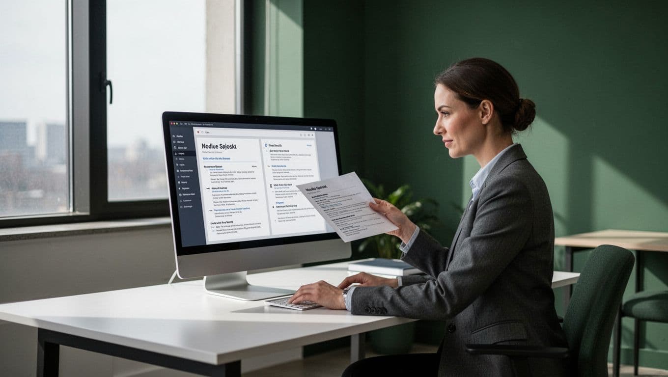 A professional manager reviewing candidate resumes on a sleek office computer.