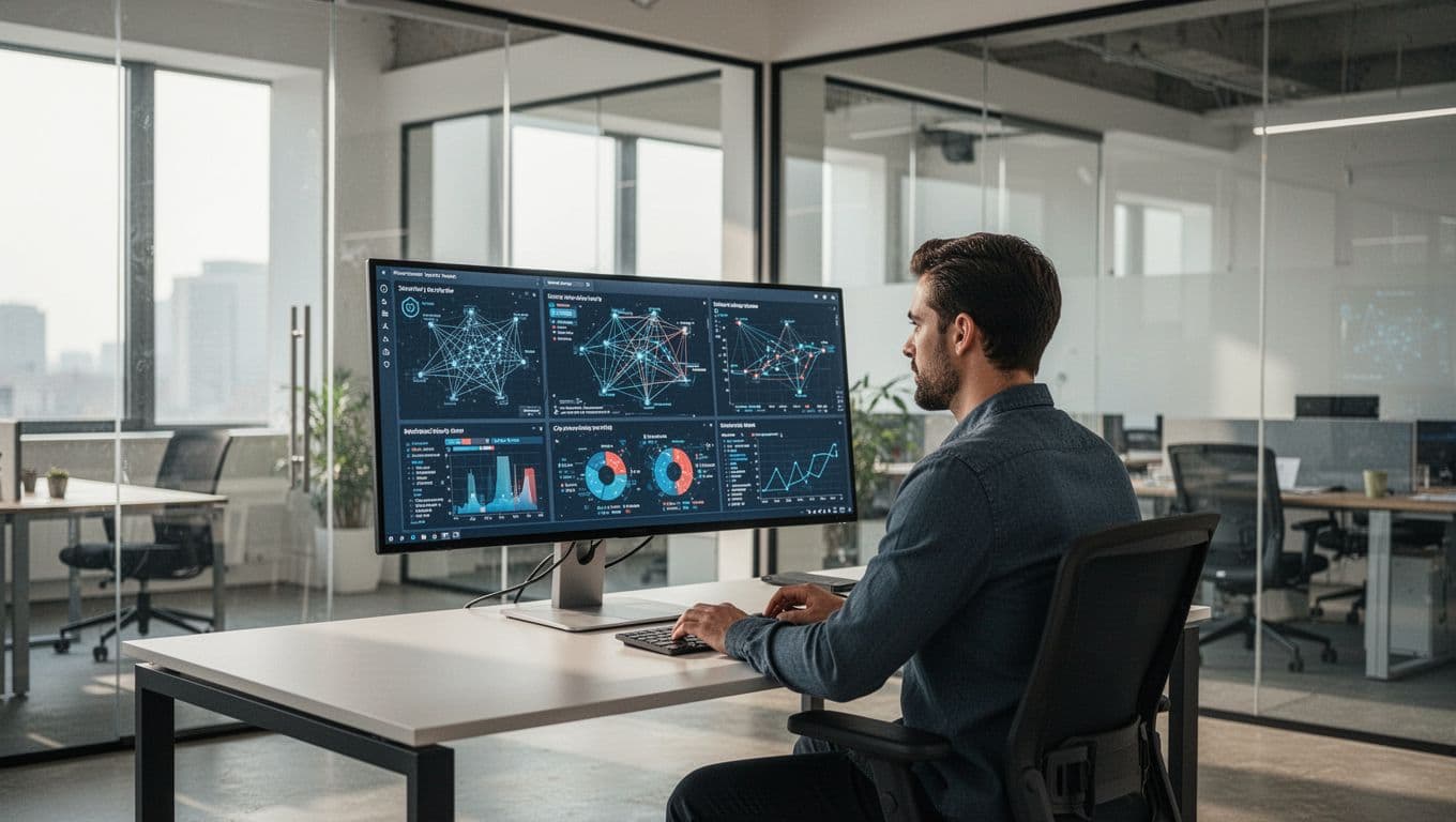 A professional reviewing network security charts on a brightly lit office monitor.