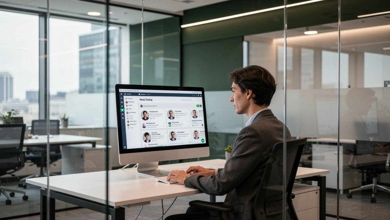 A recruitment professional reviewing candidate profiles on a computer screen in a modern office.