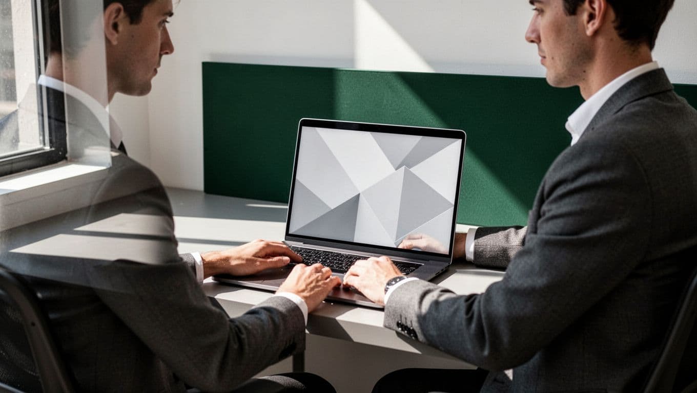 A professional workspace with a laptop showing geometric patterns under a hiring security headline.