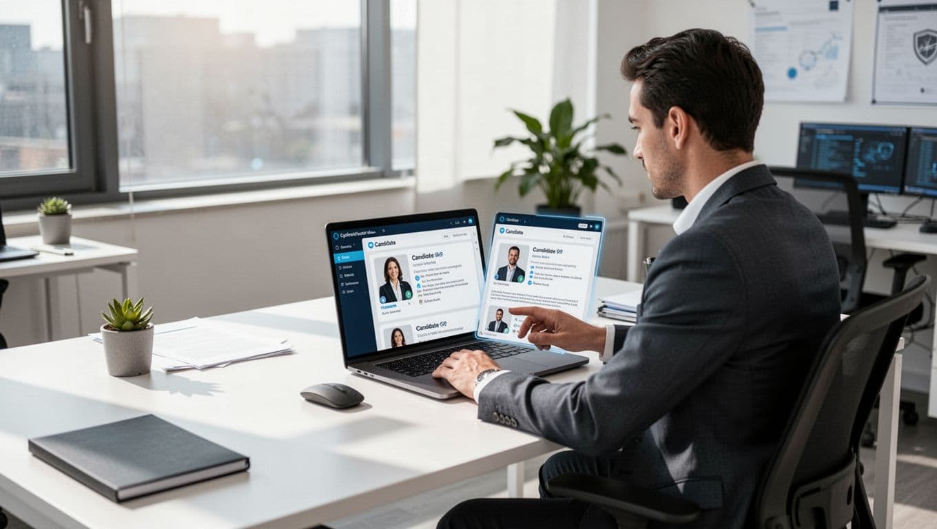 A professional reviewing candidate profiles at a clean desk in a modern brightly lit office.