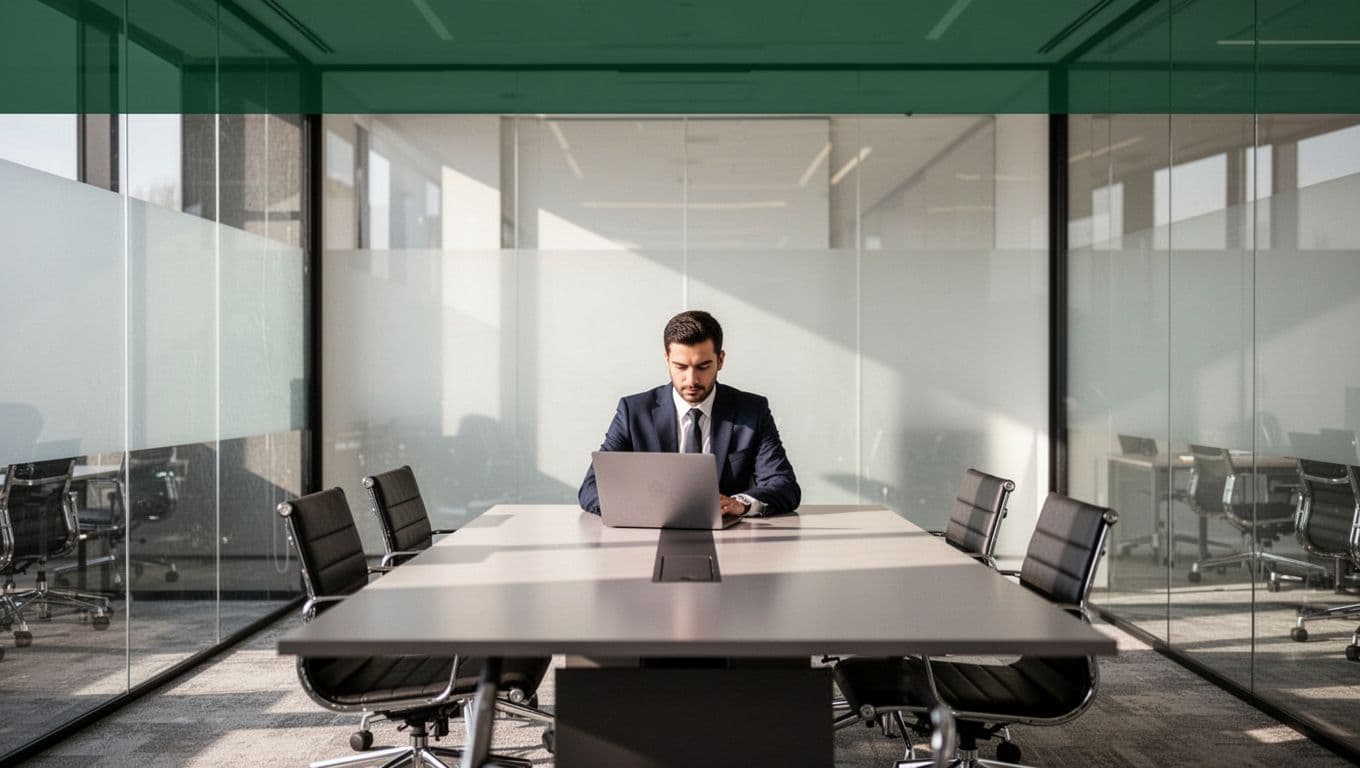 A professional working on a laptop during a cybersecurity strategy meeting.