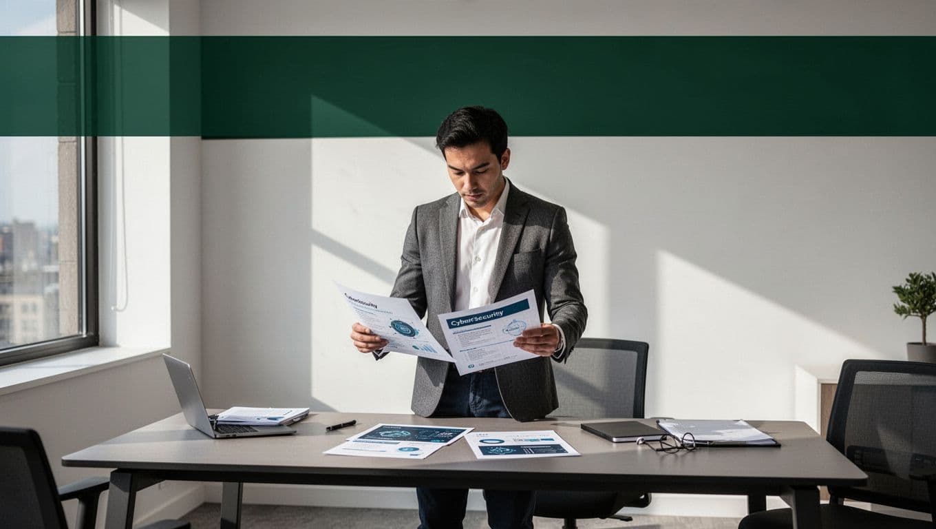 A consultant reviews cybersecurity documents at a modern office table beneath a dark-green headline band.
