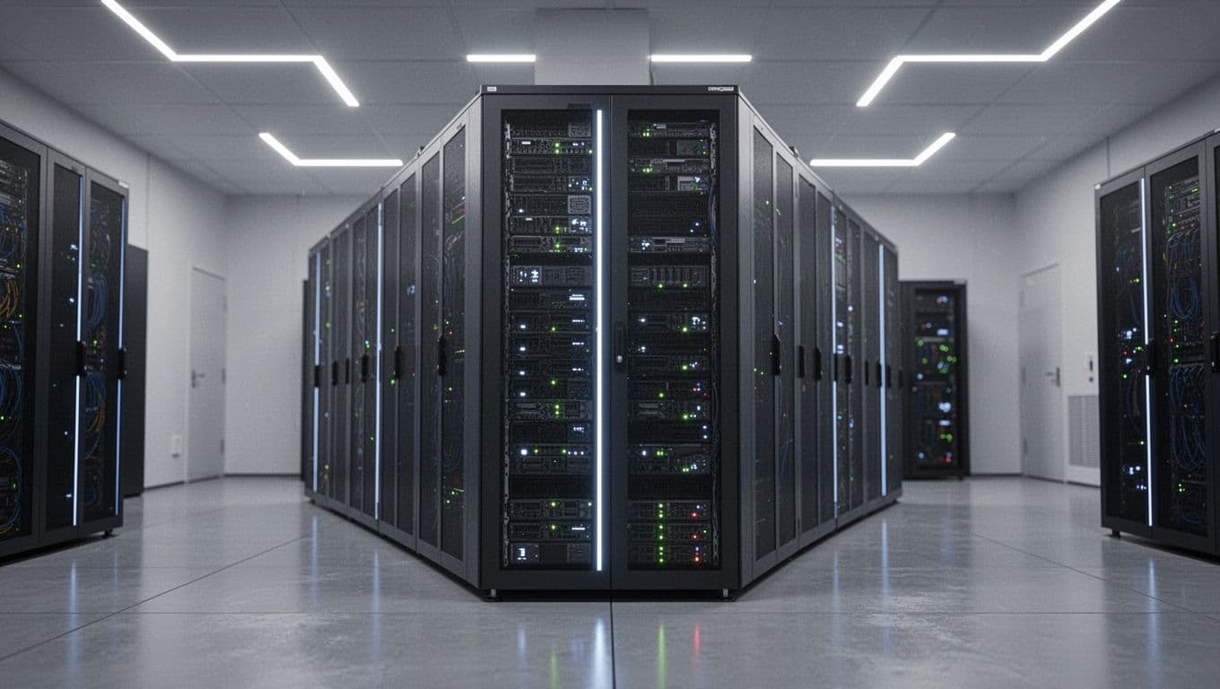 A dark green headline banner above a glowing server rack in a modern data center.