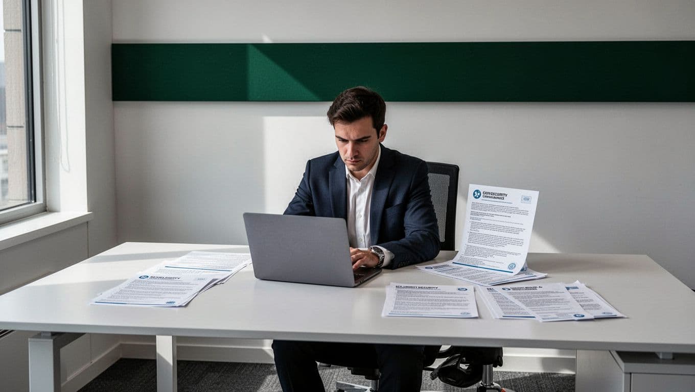 A Talent Search banner above a desk with a laptop and compliance papers.
