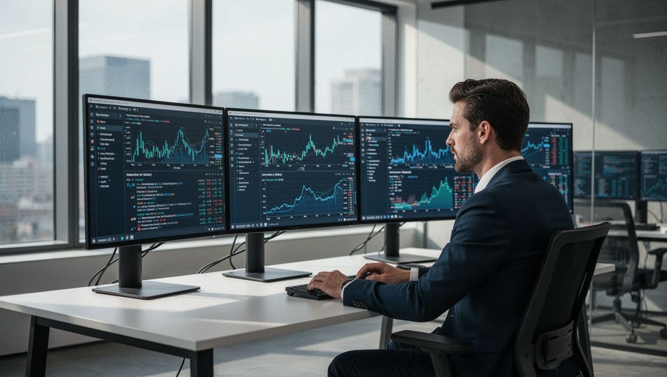 An analyst reviews threat data on glowing monitors in a modern office.