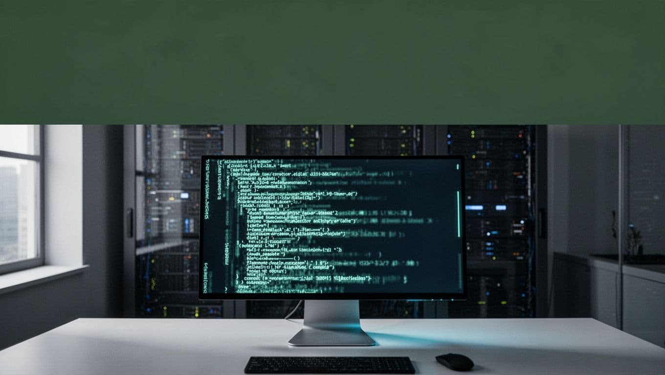 A computer monitor showing cybersecurity code and analytics in a corporate office.