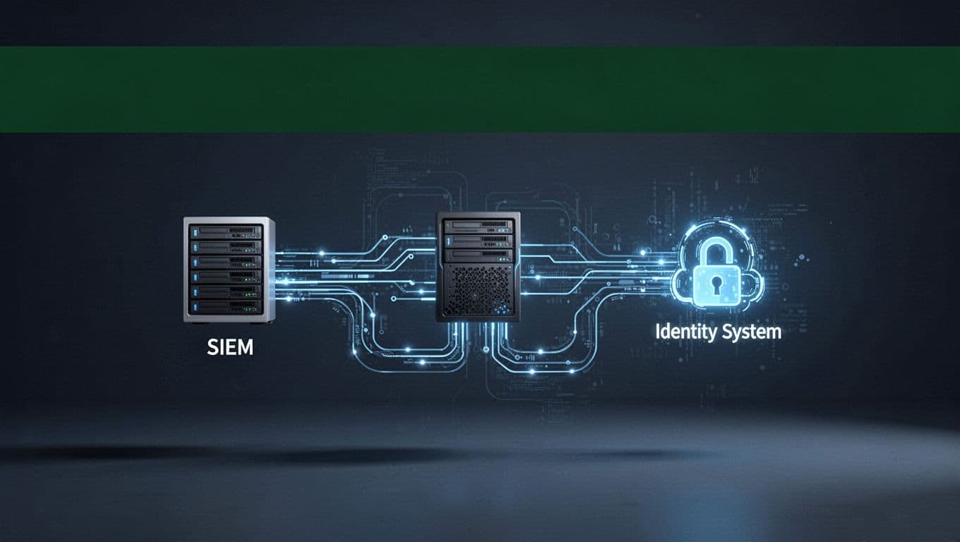 An automated cybersecurity workflow diagram displaying identity and SIEM telemetry.