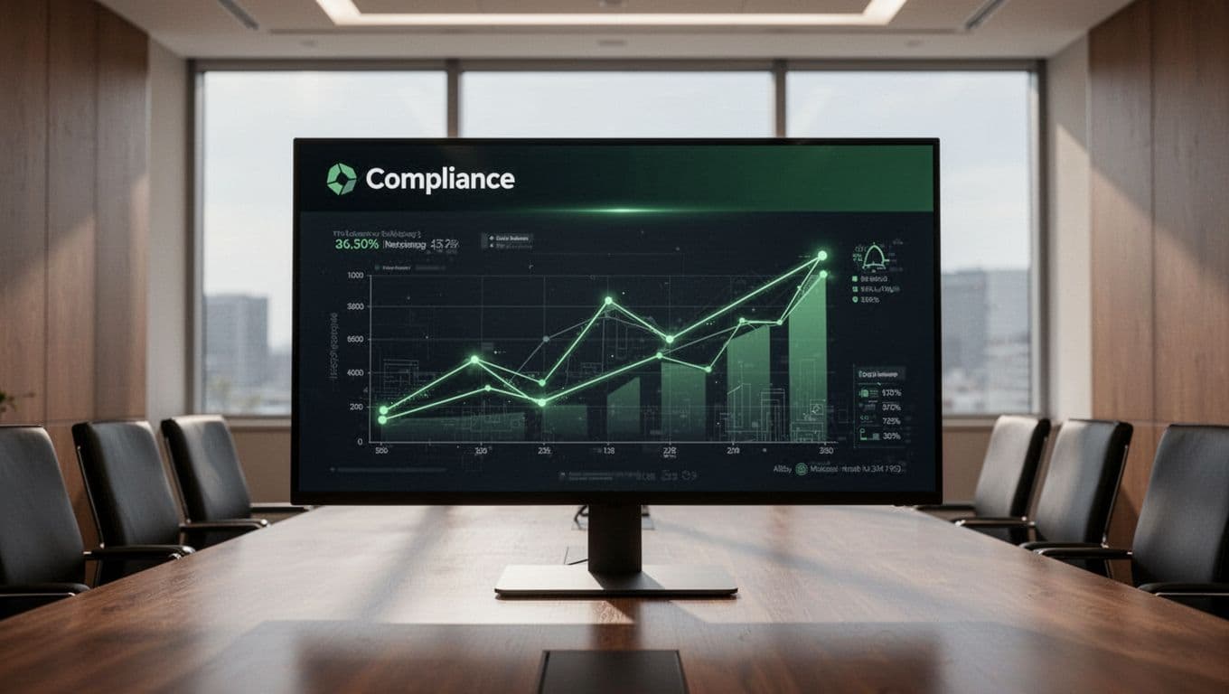 A security compliance dashboard displayed on a monitor screen in a conference room.
