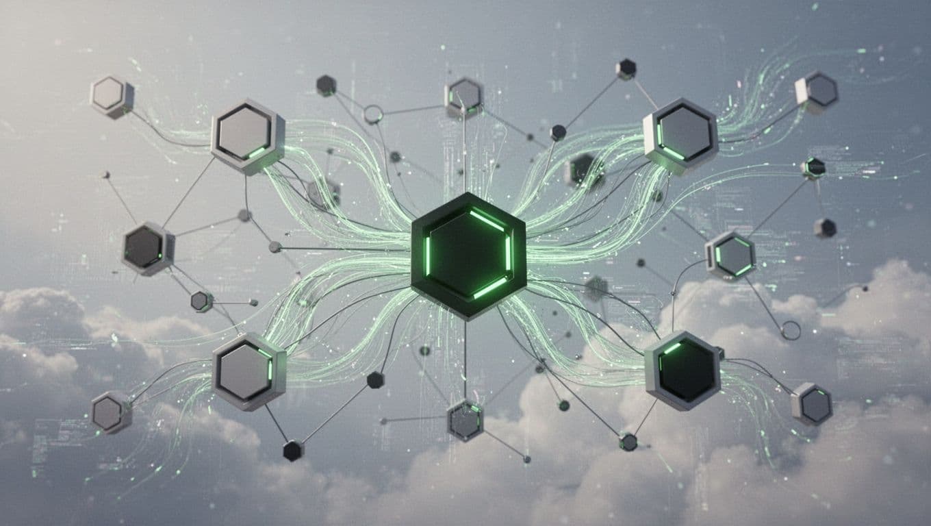 A minimalist graphic features geometric nodes connected by luminous data streams against a dark background. Vibrant green accents highlight central service points, illustrating structured pathways within a complex cloud identity environment.