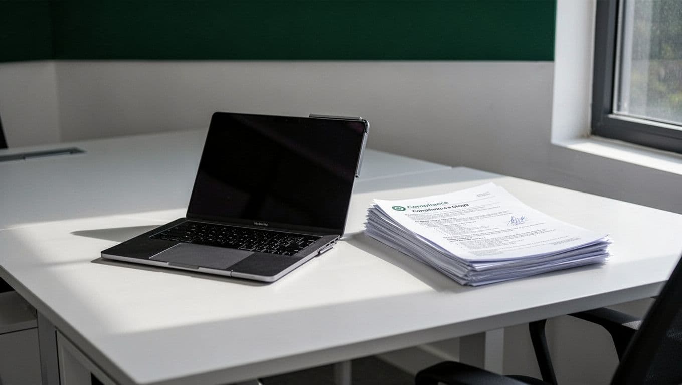 A green disclosure banner above a laptop and compliance paperwork on a modern desk.