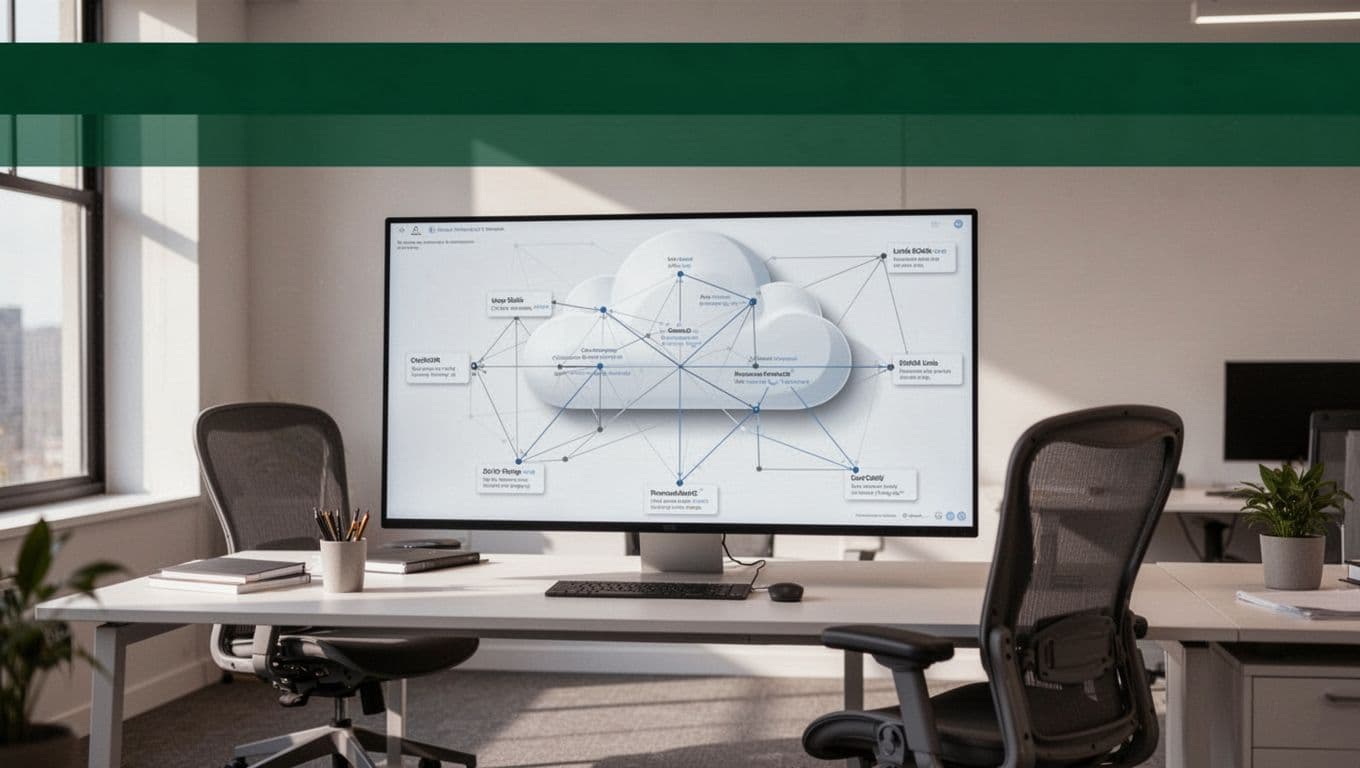 A computer monitor showing a cloud security architecture diagram on a modern desk.