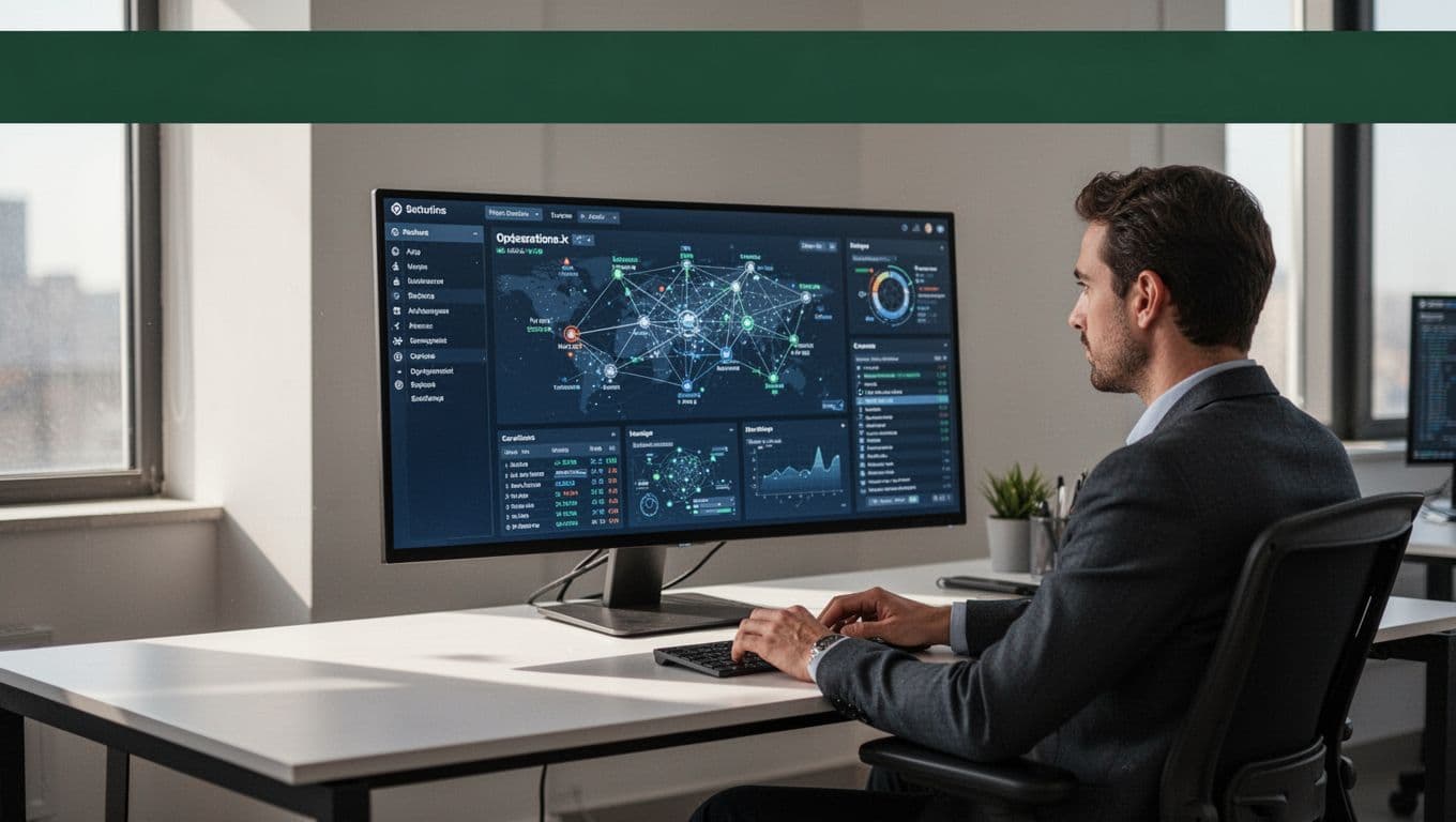 A security dashboard monitor and team desk below a dark green headline band.