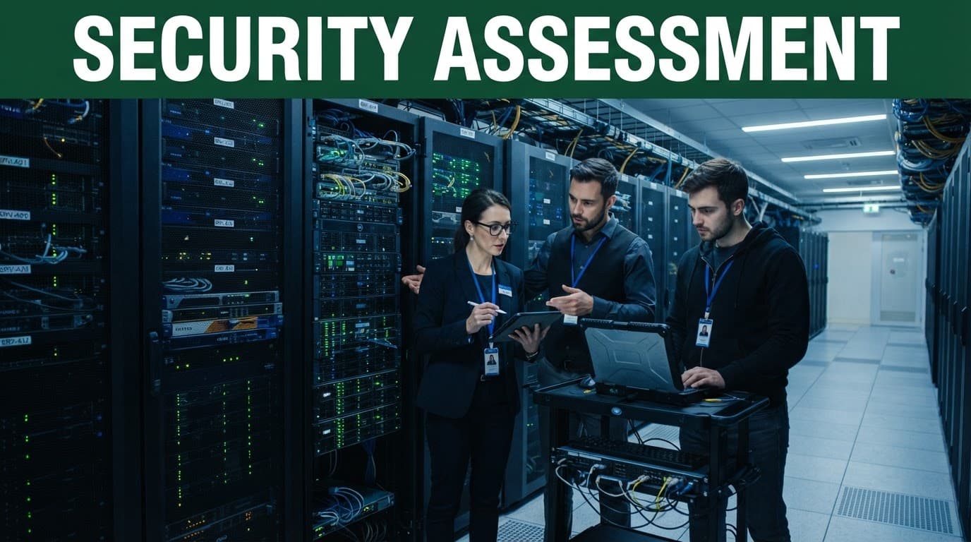 Security consultants reviewing server infrastructure inside a modern data center.