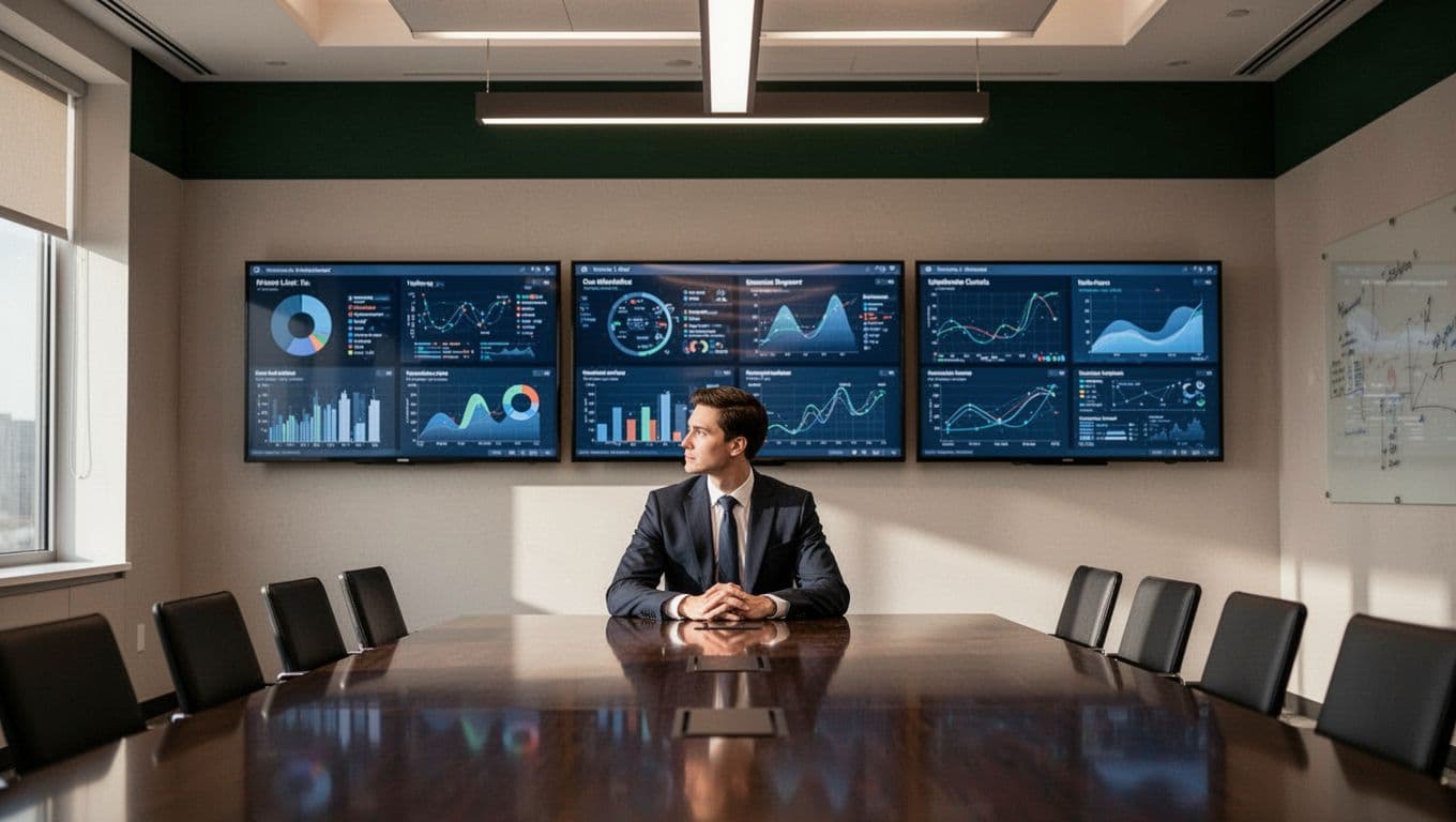 A solitary analyst reviews glowing security data monitors in a modern boardroom.