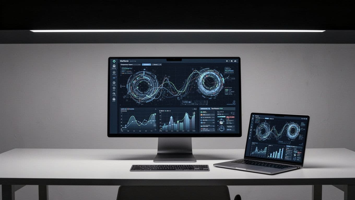 A minimalist desk with a monitor showing security charts under a headline banner.