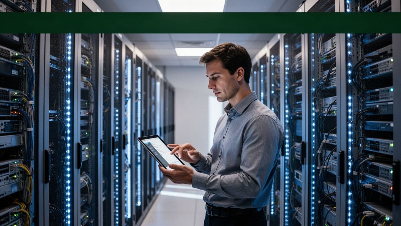 An analyst studies a tablet in a blue-lit server room beneath a green headline band.