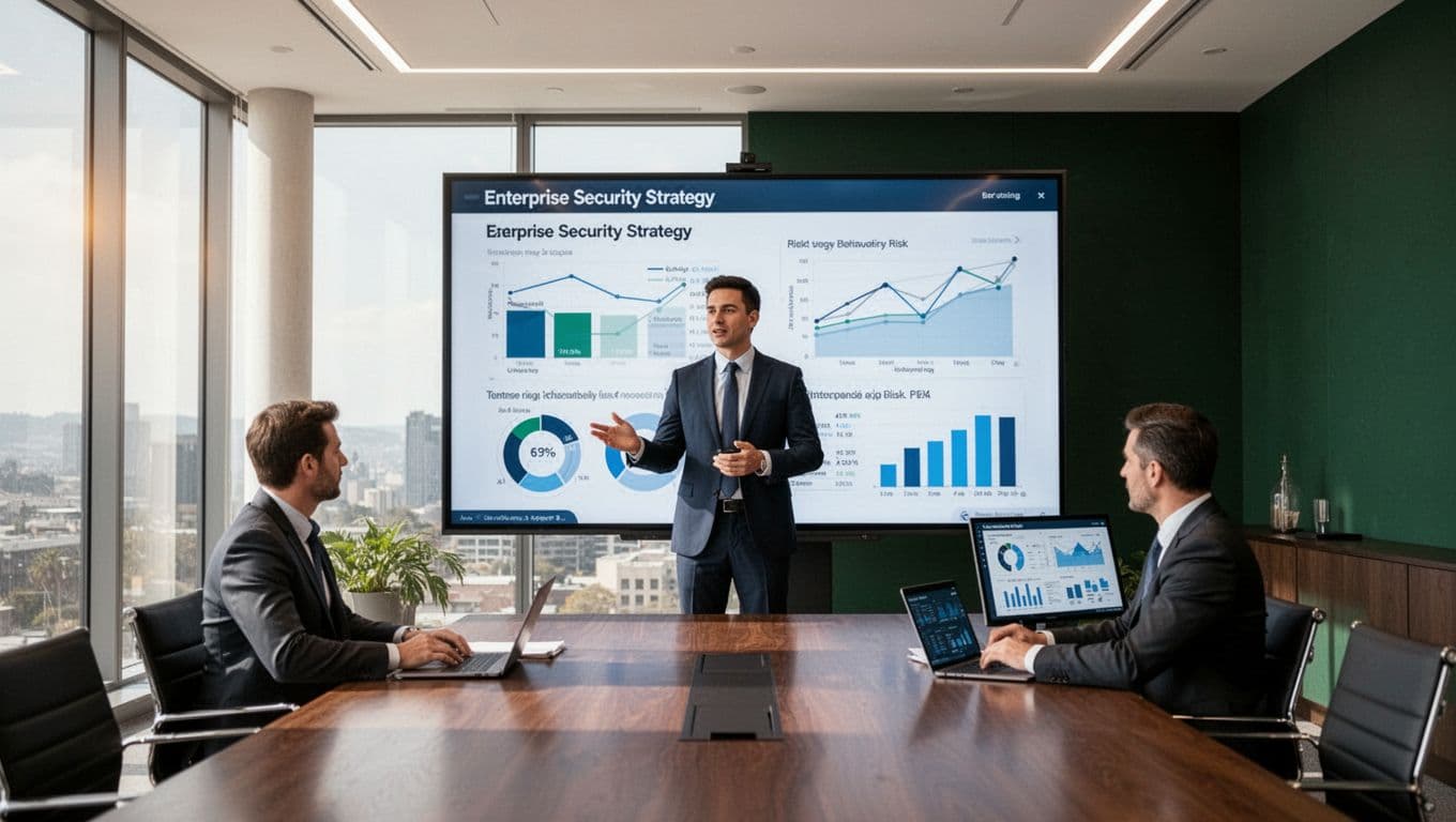 A professional presenting security strategy metrics in a modern boardroom.