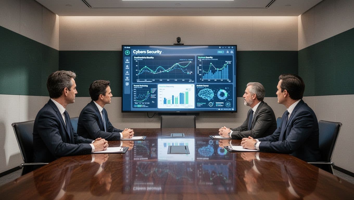 Four executives reviewing cybersecurity metrics on a boardroom screen beneath a green strategy headline band.