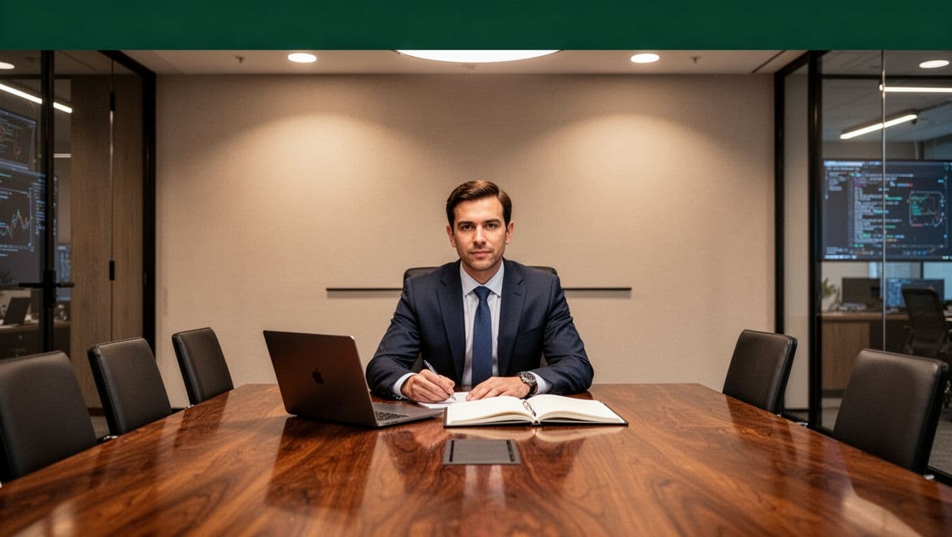 A sleek mahogany desk with a single laptop in a minimalist corporate boardroom.