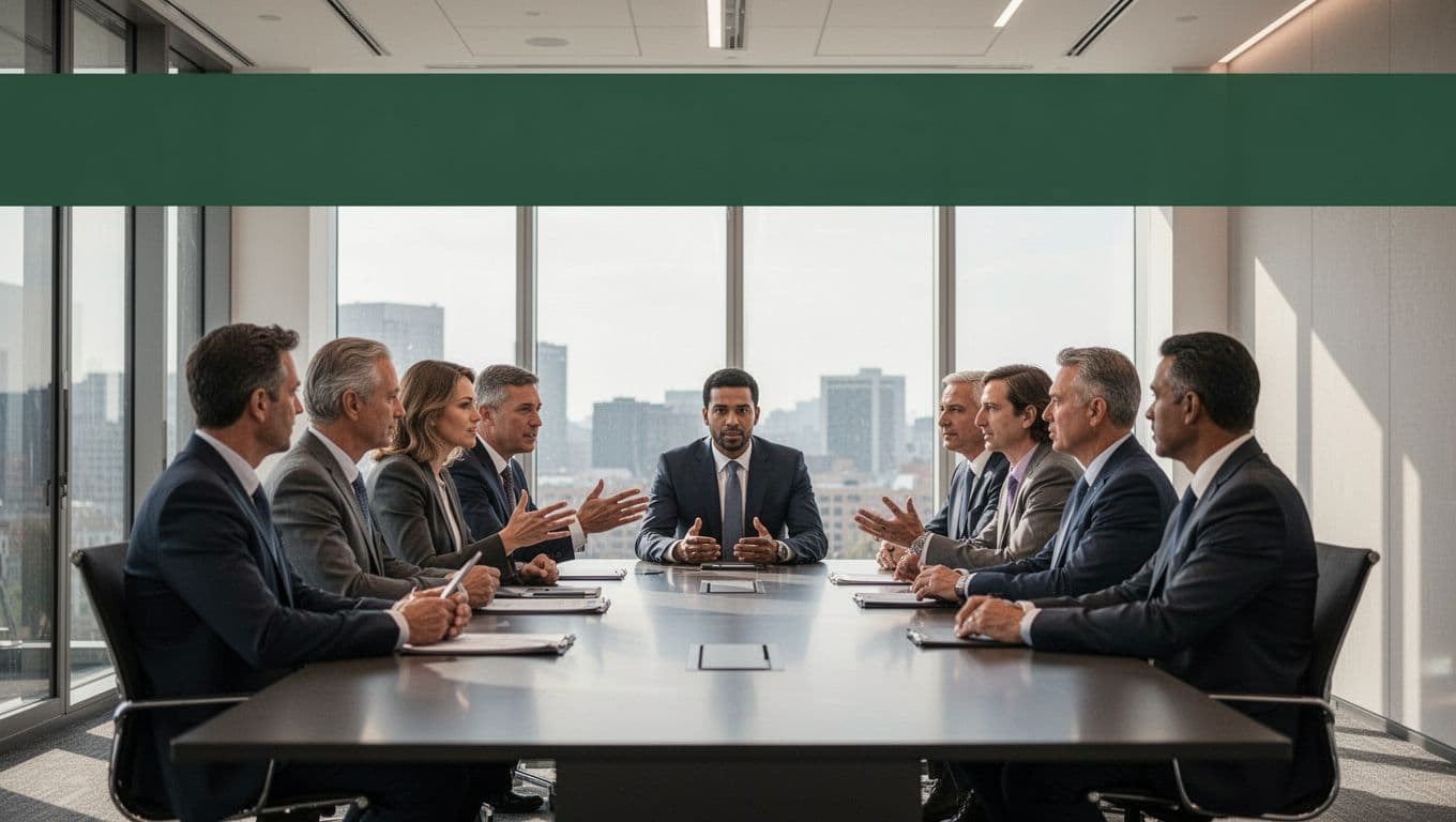 Security leaders sitting around a boardroom table discussing strategy below a bold green headline band.