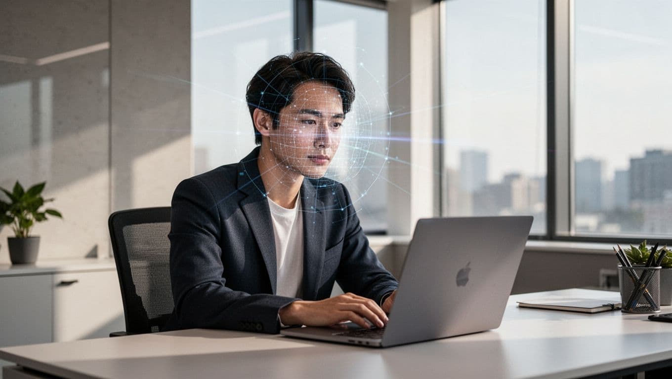 A person sitting at a laptop with a facial recognition grid overlay on their face.