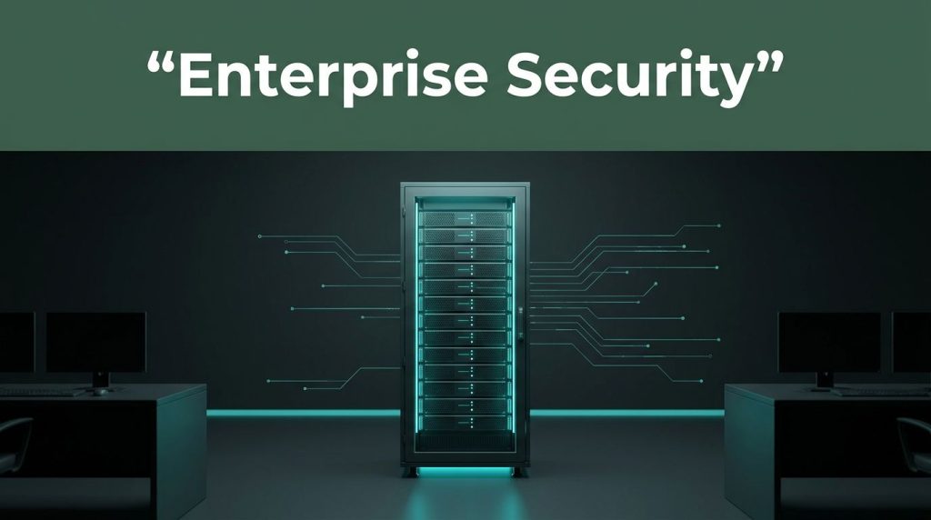 A modern security center with an illuminated server rack and teal data lines against a dark backdrop.