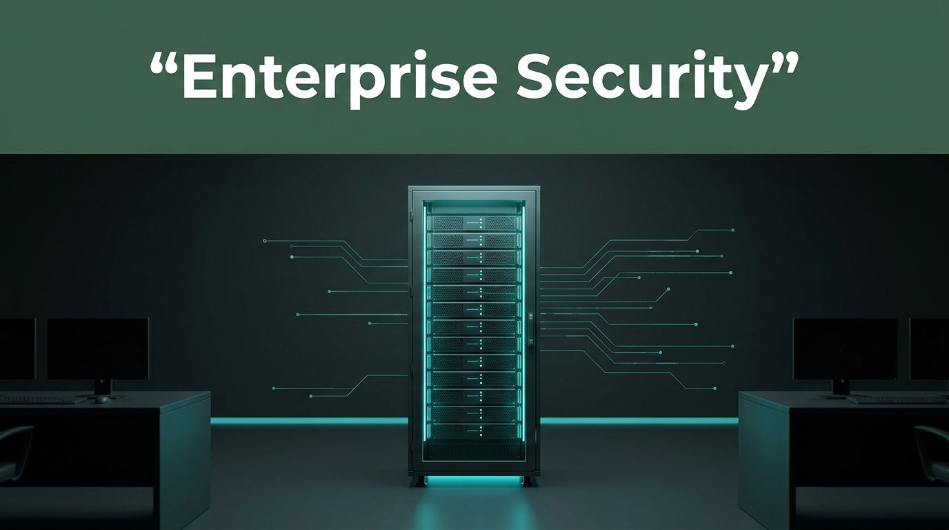 A modern security center with an illuminated server rack and teal data lines against a dark backdrop.