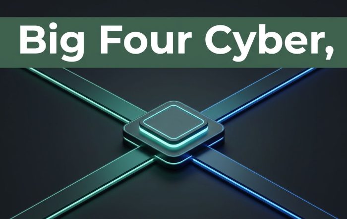 A glowing cyber hub with four pathways beneath a dark-green headline band.