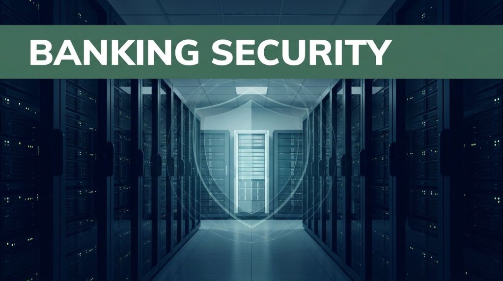 Server racks in a bank data center leading to a glowing central core.