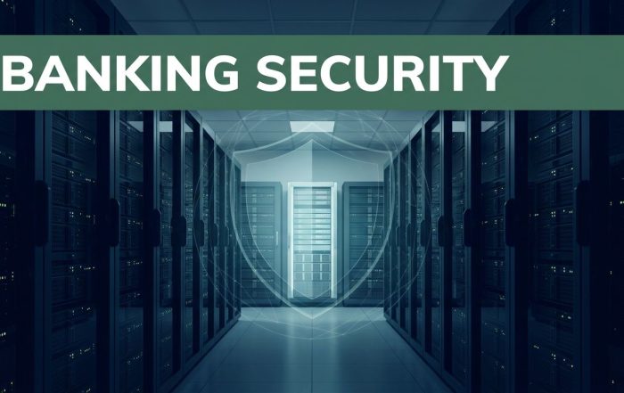 Server racks in a bank data center leading to a glowing central core.