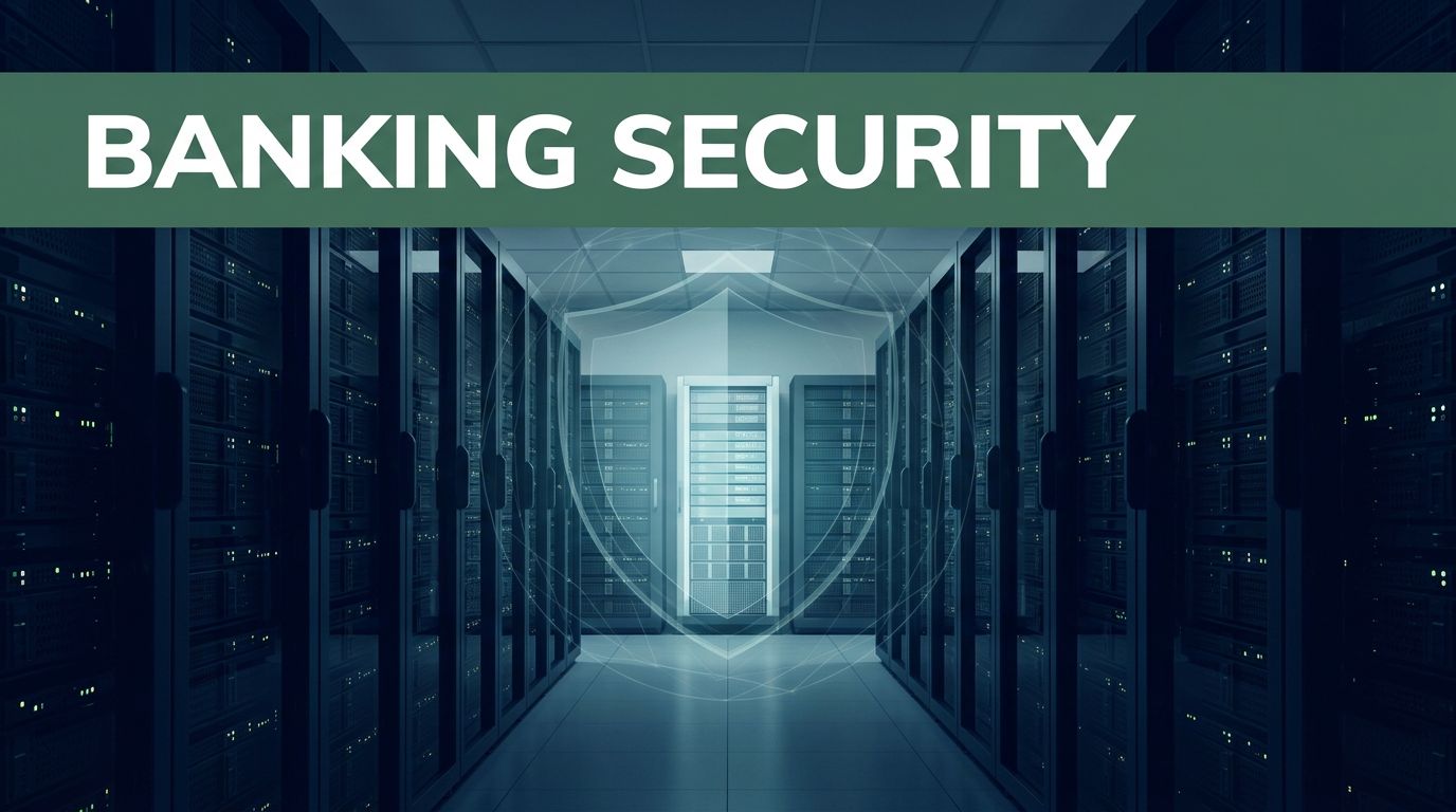 Server racks in a bank data center leading to a glowing central core.