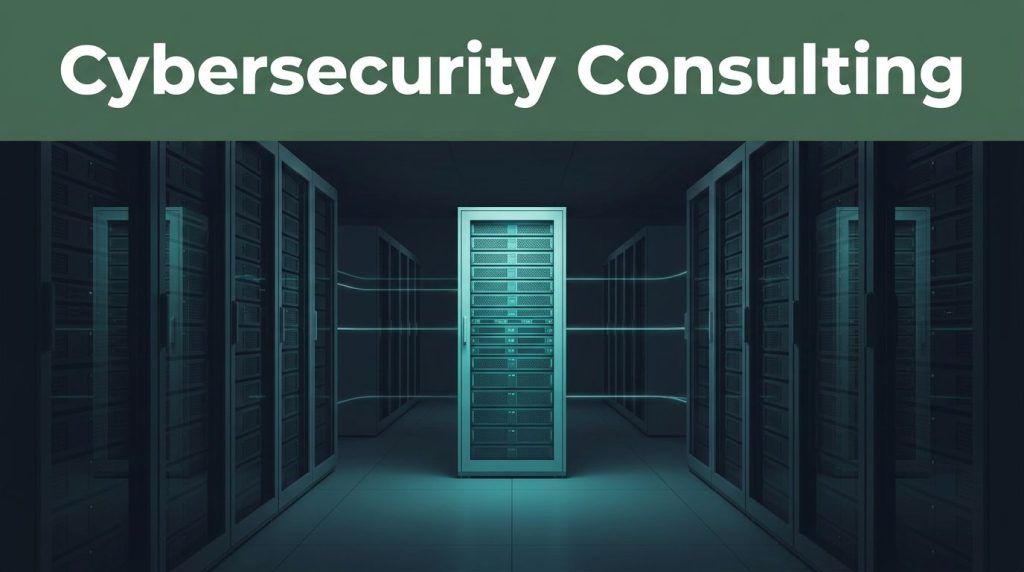 A dark enterprise server room featuring a brightly lit central cabinet with teal network lines.