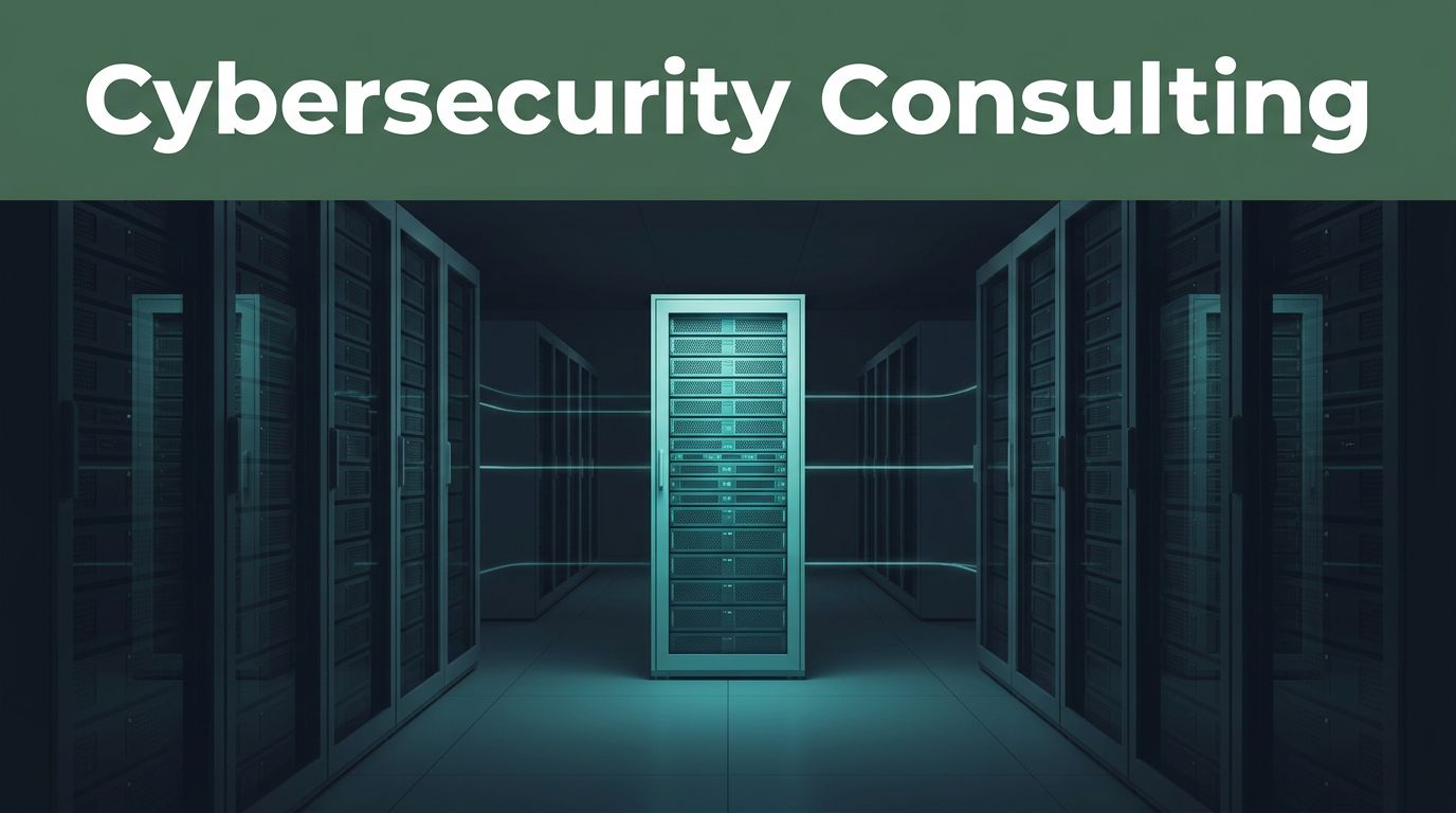 A dark enterprise server room featuring a brightly lit central cabinet with teal network lines.