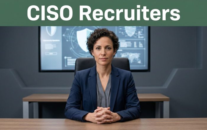 A professional woman in a navy suit sits before an abstract cybersecurity display.